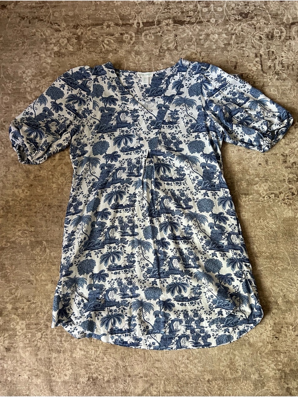 Cynthia Rowley Linen Blue & White Floral Print Dress Large NWOT